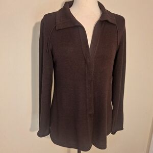 Eileen Fisher Peruvian Organic Cotton Tied Collar Hidden Snap Front Cardigan